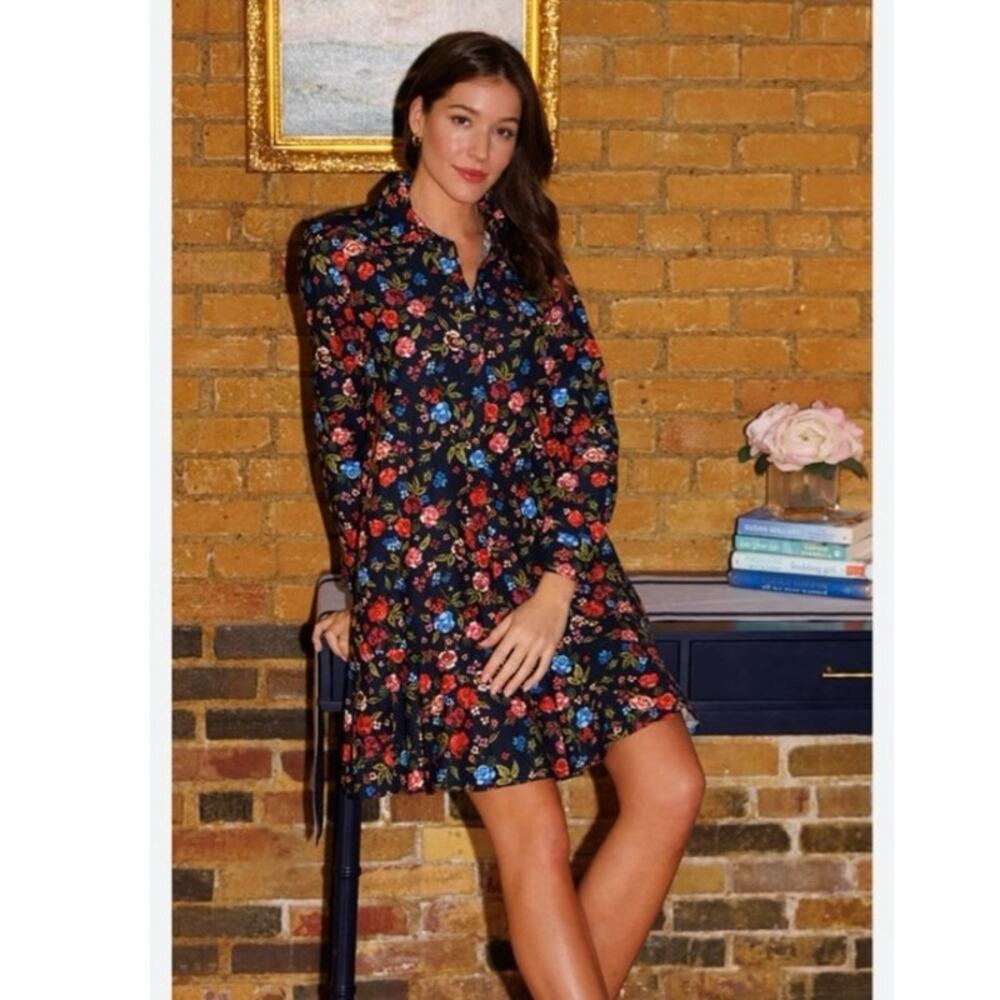 Duffield Lane Iris Shirt Dress Ruffle Hem in Navy Blue 100% Cotton Women's Large